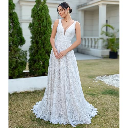 Women's Lace Boho Wedding Dress for Bride with Double Shoulders 2025 Bohemian Long A-Line Beach Bridal Gowns