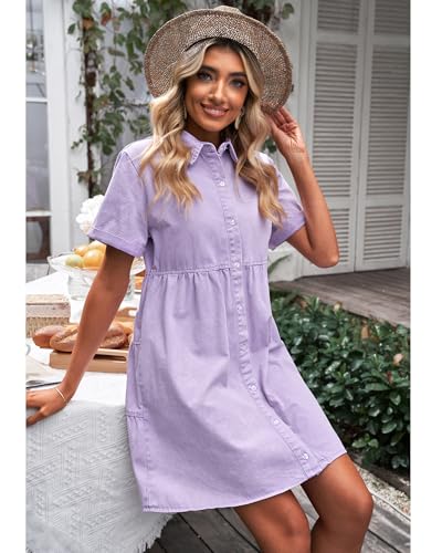 Denim Dress for Women Babydoll Tiered Short Sleeve Button Down Jean Shirt Dresses