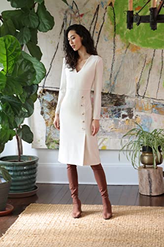Women's V-Neck Midi with Side Skirt Buttons Detail