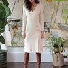 Women's V-Neck Midi with Side Skirt Buttons Detail