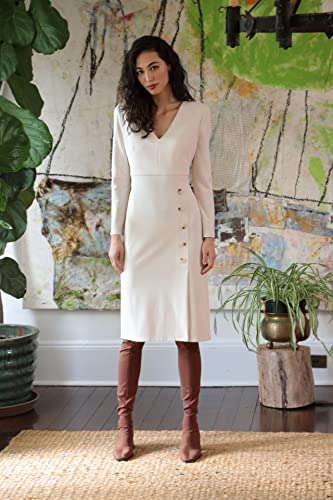 Women's V-Neck Midi with Side Skirt Buttons Detail