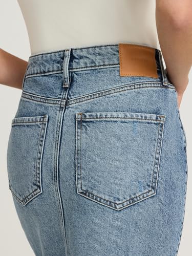 Women??s Maxi Denim Skirt ?C High Waisted Stretch Jean Skirt with Front Slit ?C Medium Wash
