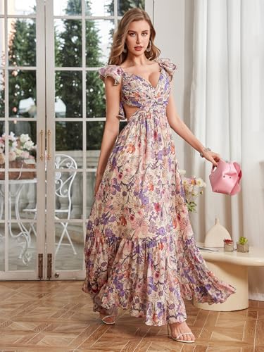 Women's Summer Floral Print Straps Sleeveless V Neck Criss Cross Backless Chiffon Beach Boho Party Long Maxi Dress