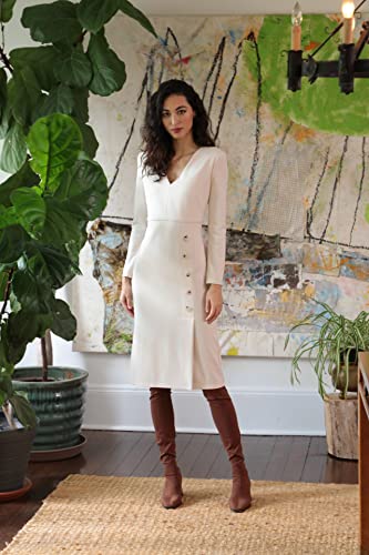 Women's V-Neck Midi with Side Skirt Buttons Detail