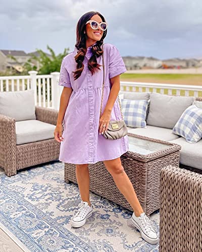Denim Dress for Women Babydoll Tiered Short Sleeve Button Down Jean Shirt Dresses