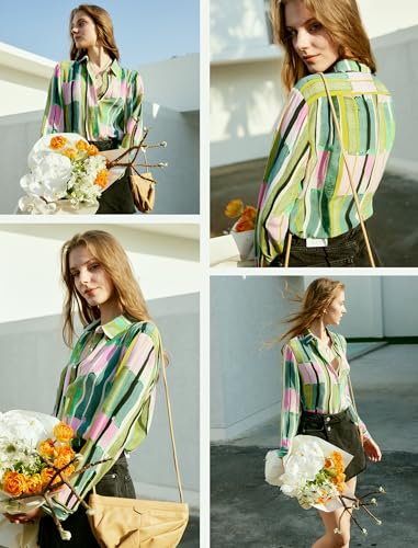 Women's 100% Pure Silk Blouse Long Sleeve Button Down Shirt Spring Summer Elegant Floral Striped Tops Women Smooth Blouses