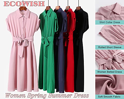 Womens Casual Midi Dresses Solid V Neck Short Sleeve Button Shirt Belted Dress with Pockets for Spring Summer 2025