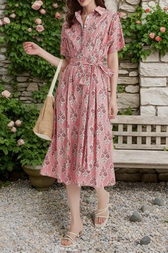 Womens Summer Floral Maxi Dress Short Sleeve V Neck Button Belt Casual Long Flowy Shirt Dress
