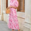 Women's Summer Floral Midi Dress Casual Ruffle Neck Puff Sleeve Button Down Shirt Dresses??No Stretch