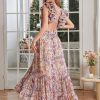 Women's Summer Floral Print Straps Sleeveless V Neck Criss Cross Backless Chiffon Beach Boho Party Long Maxi Dress