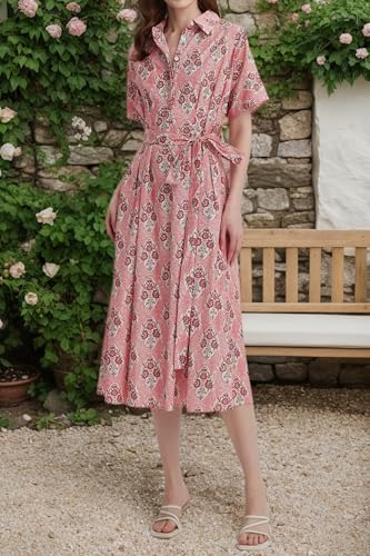 Womens Summer Floral Maxi Dress Short Sleeve V Neck Button Belt Casual Long Flowy Shirt Dress