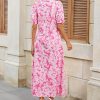 Women's Summer Floral Midi Dress Casual Ruffle Neck Puff Sleeve Button Down Shirt Dresses??No Stretch