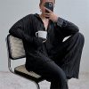 Pleated 2 Piece Outfits for Women Long Sleeve Oversized Button Down Shirt Wide Leg Pants Sets Casual Loungewear