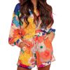 Women's Summer 2 Piece Outfits Print Button Down Shirt Shorts Pockets Long Sleeve Beach Vacation Going Out Outfits