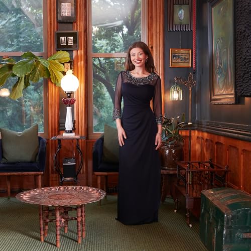 Women's Long A-line Mother of The Bride Dress with Illusion Neck and Sleeves (Petite and Regular Sizes)