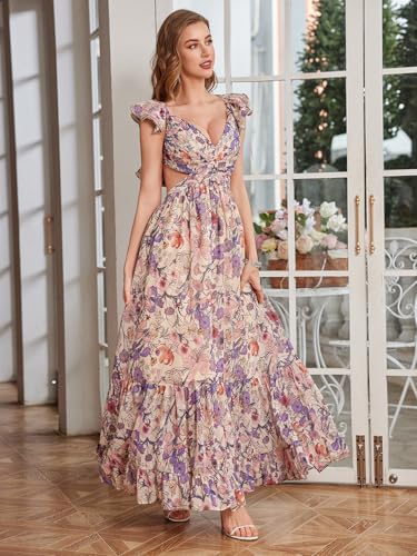 Women's Summer Floral Print Straps Sleeveless V Neck Criss Cross Backless Chiffon Beach Boho Party Long Maxi Dress