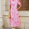 Women's Summer Floral Midi Dress Casual Ruffle Neck Puff Sleeve Button Down Shirt Dresses??No Stretch