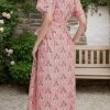 Womens Summer Floral Maxi Dress Short Sleeve V Neck Button Belt Casual Long Flowy Shirt Dress