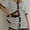 Womens Crochet Swimsuit Coverup Summer Beach Sets Striped Knit Short Sleeve Button Shirts 2 Piece Short Set