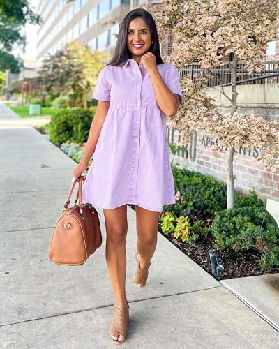 Denim Dress for Women Babydoll Tiered Short Sleeve Button Down Jean Shirt Dresses