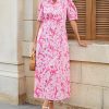 Women's Summer Floral Midi Dress Casual Ruffle Neck Puff Sleeve Button Down Shirt Dresses??No Stretch