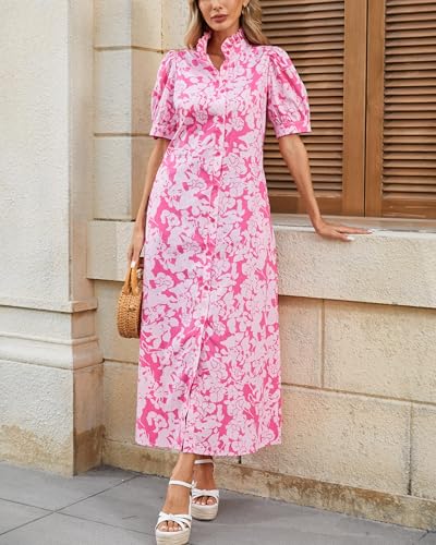 Women's Summer Floral Midi Dress Casual Ruffle Neck Puff Sleeve Button Down Shirt Dresses??No Stretch