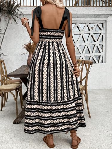 Women's Floral Print Tie Strap Square Neck Ruffle Boho Maxi Dress