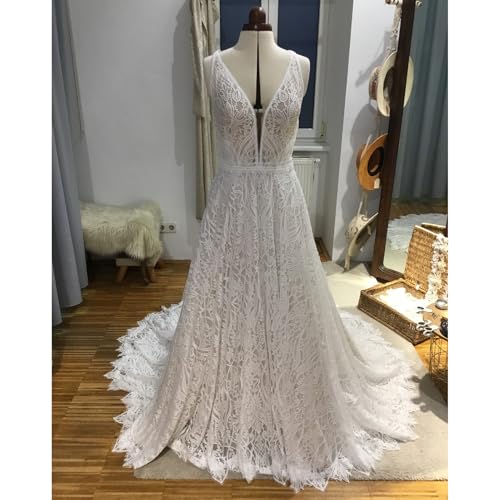 Women's Lace Boho Wedding Dress for Bride with Double Shoulders 2025 Bohemian Long A-Line Beach Bridal Gowns