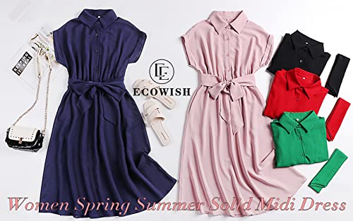 Womens Casual Midi Dresses Solid V Neck Short Sleeve Button Shirt Belted Dress with Pockets for Spring Summer 2025