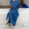 Women's Denim Dress Lapel Button Down Long Sleeve A Line Jeans Maxi Dress Plus Size Denim Shirt Dress with Pockets