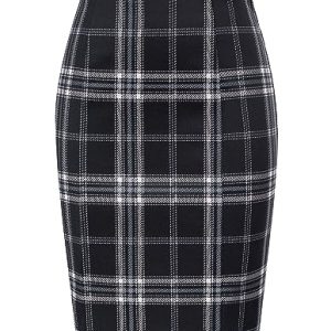Womens Knee Length Elastic Waist Stretchy Bodycon Plaid Business Pencil Skirt