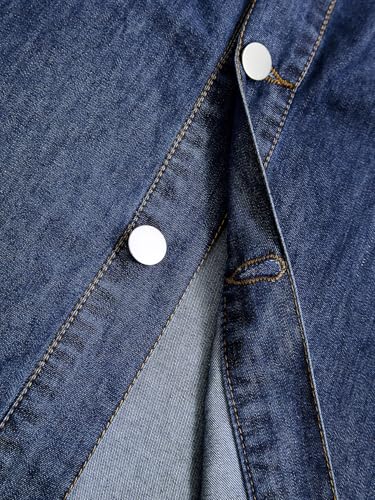 Women Denim Shirt Dress V Neck Short Sleeve Long Bottom Down A-Line Jeans Dresses with Pockets