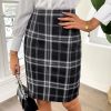 Womens Knee Length Elastic Waist Stretchy Bodycon Plaid Business Pencil Skirt