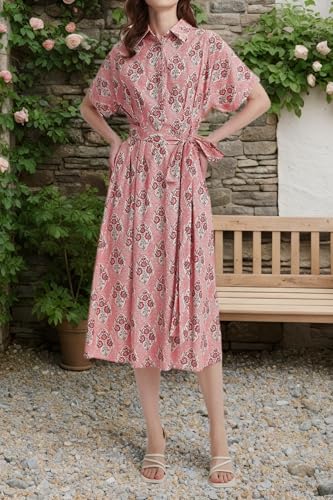 Womens Summer Floral Maxi Dress Short Sleeve V Neck Button Belt Casual Long Flowy Shirt Dress