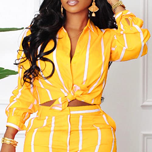 Women's Casual Two Piece Outfits Striped Long Sleeve Collar Button Down Shirt Blouse High Waist Wide Leg Pants Sets