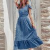 Womens Dresses 2025 Summer Maxi Dress Boho Short Sleeve V Neck Swiss Dot Ruffle Tiered Smocked Flowy Long Dress
