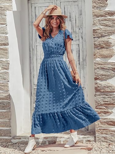 Womens Dresses 2025 Summer Maxi Dress Boho Short Sleeve V Neck Swiss Dot Ruffle Tiered Smocked Flowy Long Dress